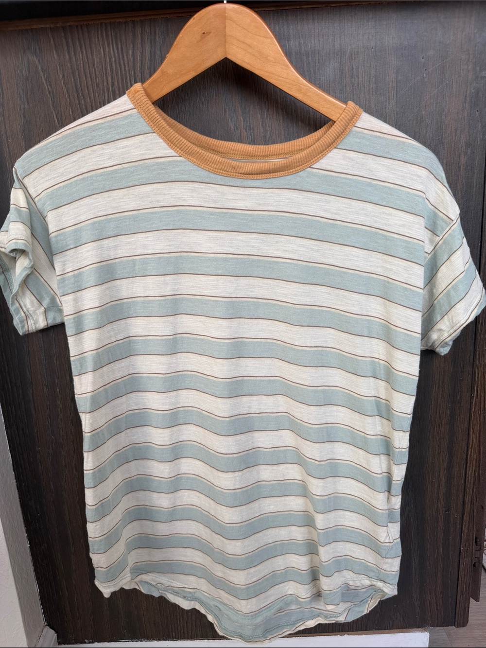 Madewell light blue and Cream Striped Tee with Mustard Trim